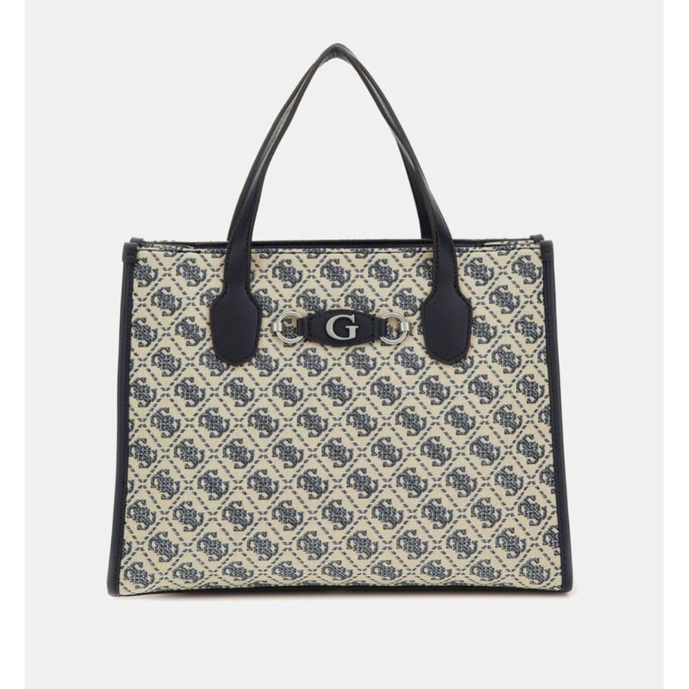 GUESS Blue Logo Jacquard Tote Bag Navy Trim Gold Hardware Handbag - Picture 2 of 8